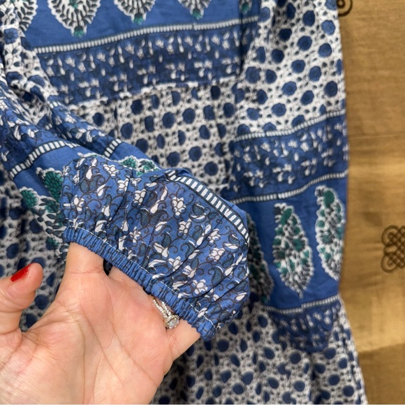 Emerson Fry India Collection Blue&White Paisley Cotton Boho Peasant Midi Dress - Picture 16 of 16